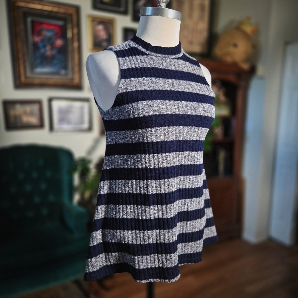 Freshman Striped Ribbed Stretchy Knit Mock Neck‎ Cutout Back Flared Tank Top